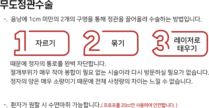 무도정관수술 음낭에 1cm 미만의 2개의 구멍을 통해 정관을 끌어올려 수술하는 방법으로 1. 자르고 2. 묶고 3. 레이져로 태우기 때문에 정자의 통로를 완벽 차단합니다. 절개부위가 매우 작아 봉합이 필요 없는 시술이라 다시 방문하실 필요가 없습니다. 정자의 양은 매우 소량이기 때문에 전체 사정량의 차이는 느낄 수 없습니다. 환자가 원할 시 수면마취 가능. (프로포폴 20cc만 사용하여 안전함.)